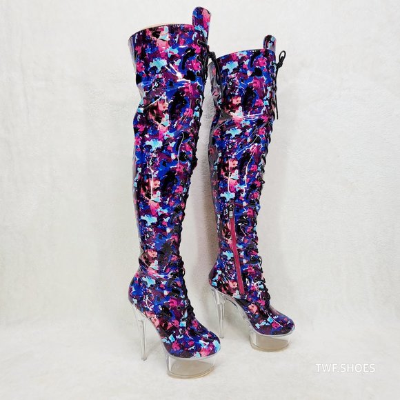 Bulls Cobalt Multi Color Print Patent OTK Clear Platform High Heel Thigh Boots - Picture 8 of 13